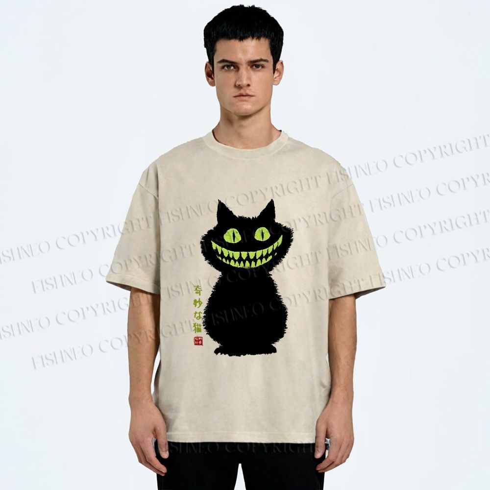 Unisex Spooky Black Cat With Green Teeth Printed Washed Tee