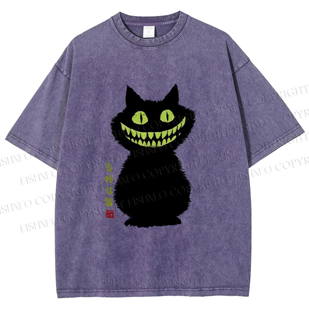 Unisex Spooky Black Cat With Green Teeth Printed Washed Tee
