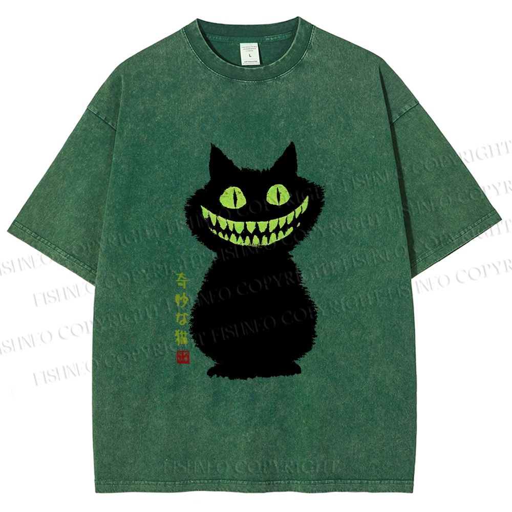 Unisex Spooky Black Cat With Green Teeth Printed Washed Tee