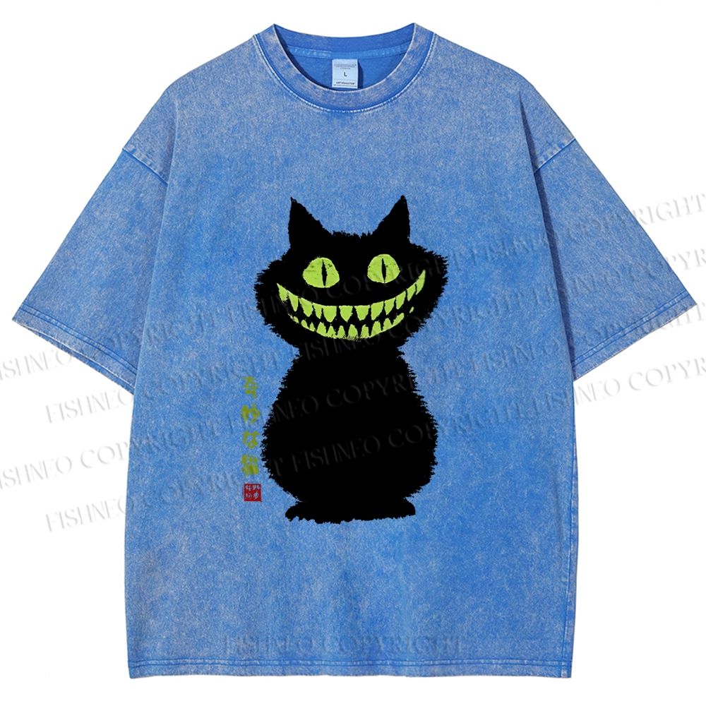 Unisex Spooky Black Cat With Green Teeth Printed Washed Tee