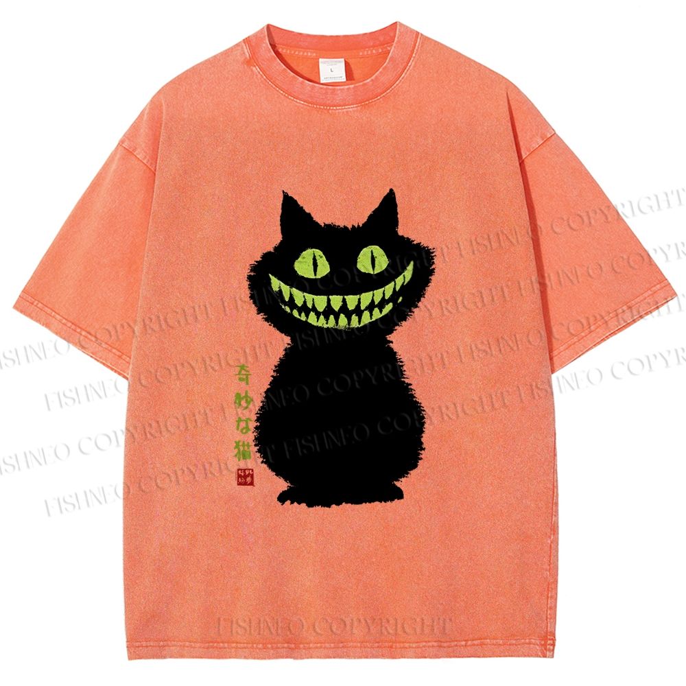 Unisex Spooky Black Cat With Green Teeth Printed Washed Tee