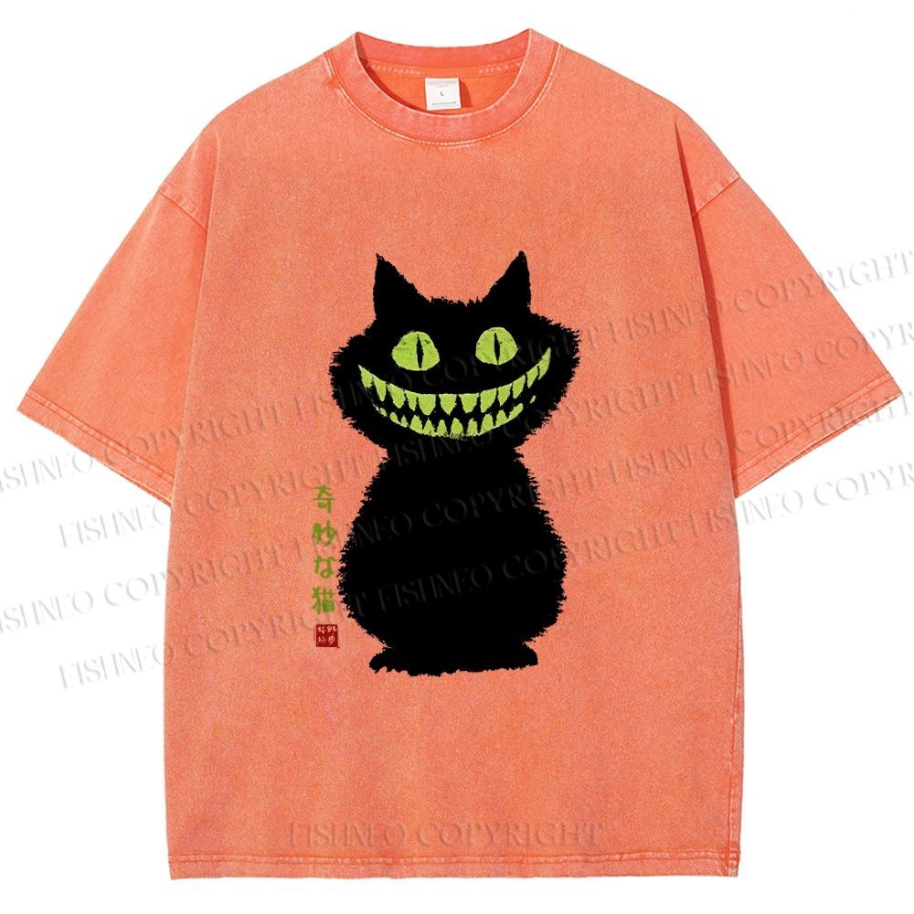 Unisex Spooky Black Cat With Green Teeth Printed Washed Tee