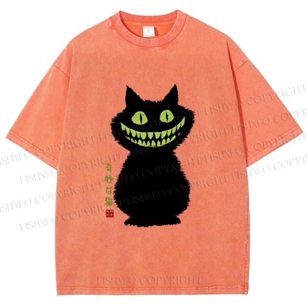 Unisex Spooky Black Cat With Green Teeth Printed Washed Tee