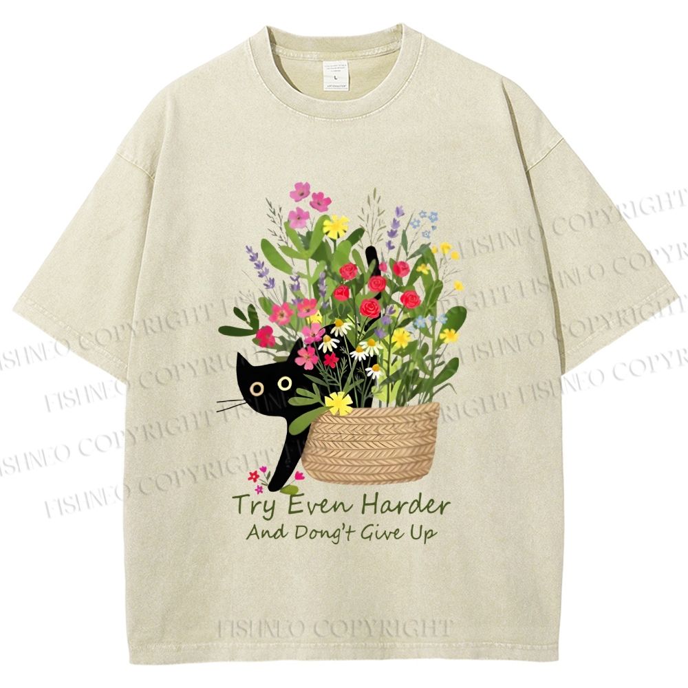Unisex Bloom&Persevere Black Cat Printed Washed Tee