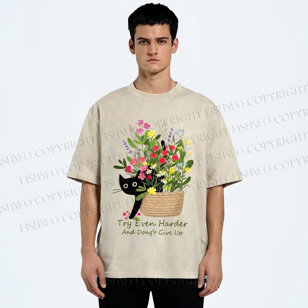 Unisex Bloom&Persevere Black Cat Printed Washed Tee