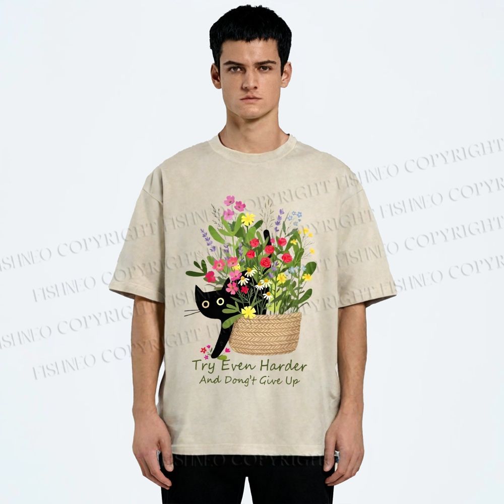 Unisex Bloom&Persevere Black Cat Printed Washed Tee