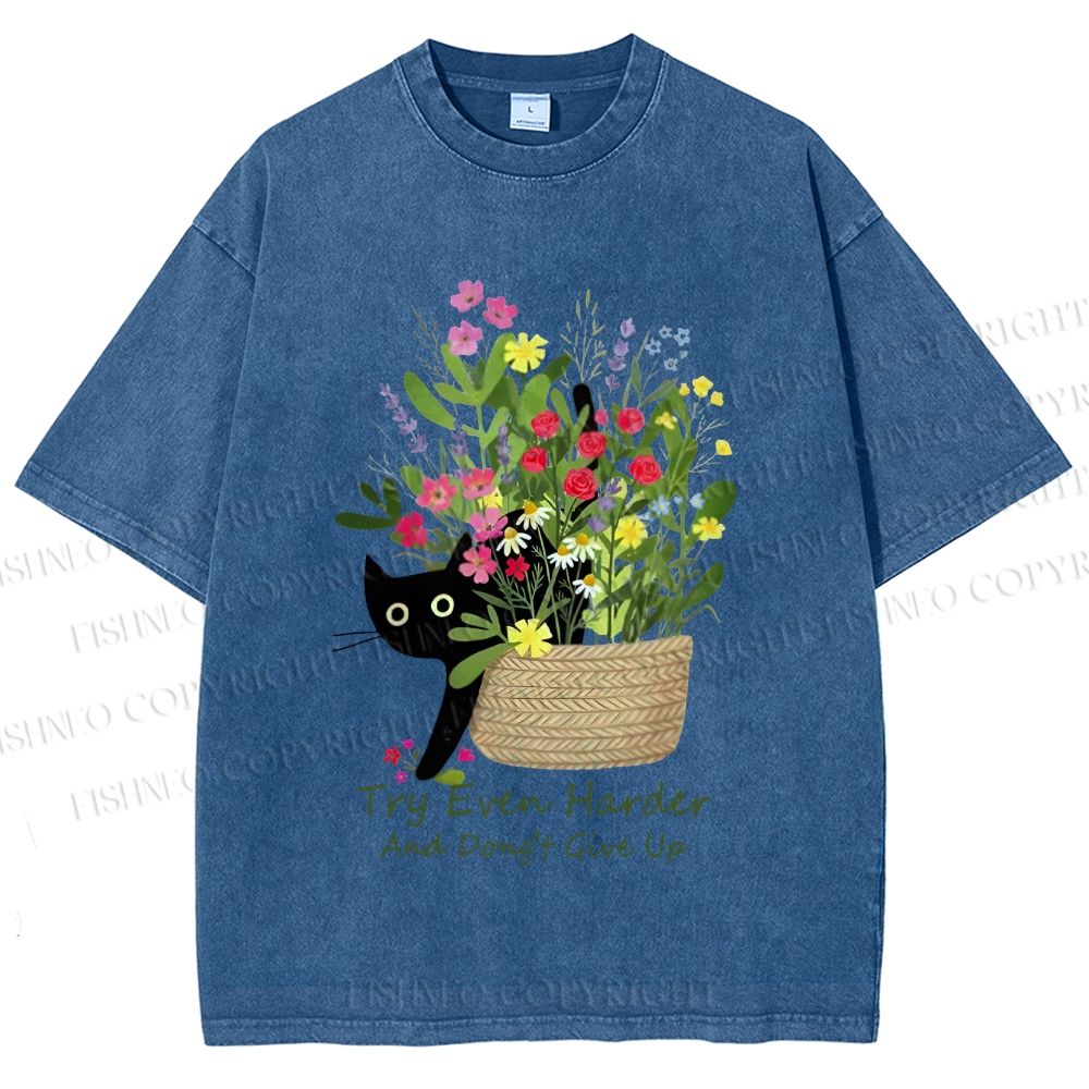 Unisex Bloom&Persevere Black Cat Printed Washed Tee