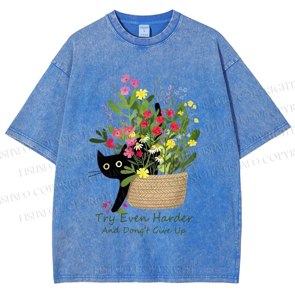Unisex Bloom&Persevere Black Cat Printed Washed Tee
