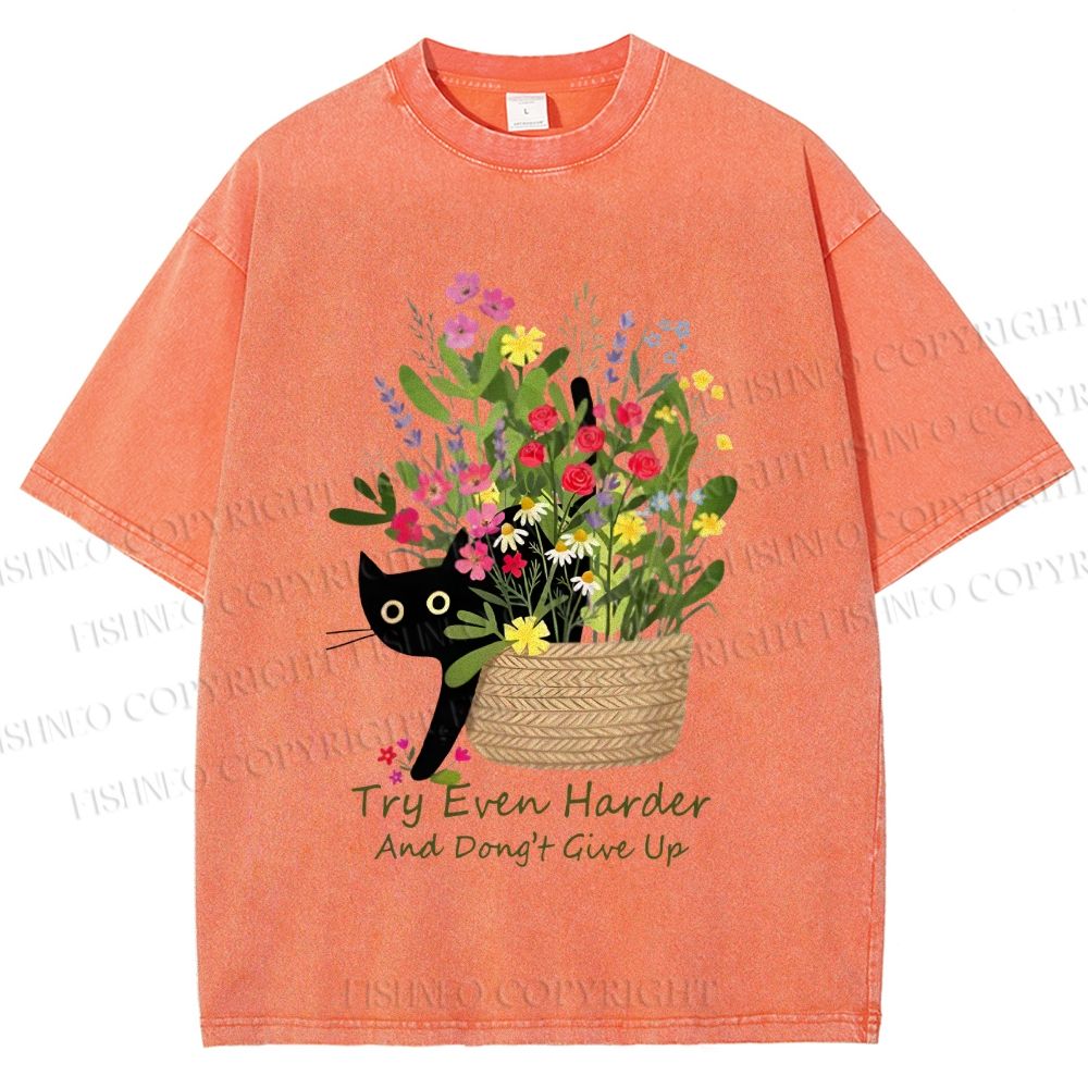 Unisex Bloom&Persevere Black Cat Printed Washed Tee