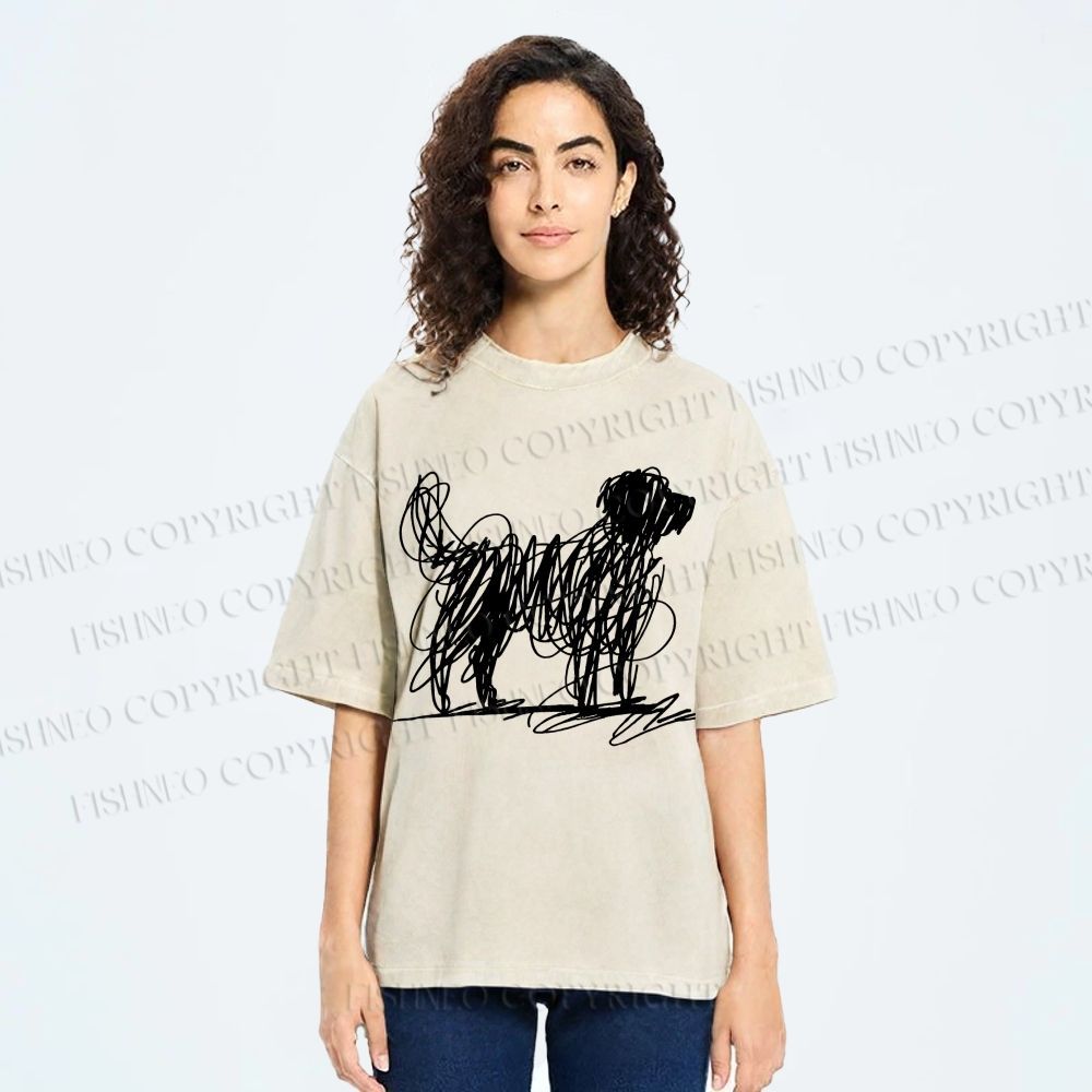 Unisex Scribble Dog Art Funny Printed Washed Tee