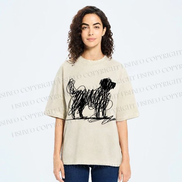 Unisex Scribble Dog Art Funny Printed Washed Tee