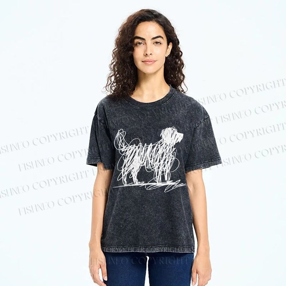 Unisex Scribble Dog Art Funny Printed Washed Tee