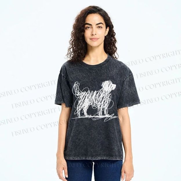 Unisex Scribble Dog Art Funny Printed Washed Tee