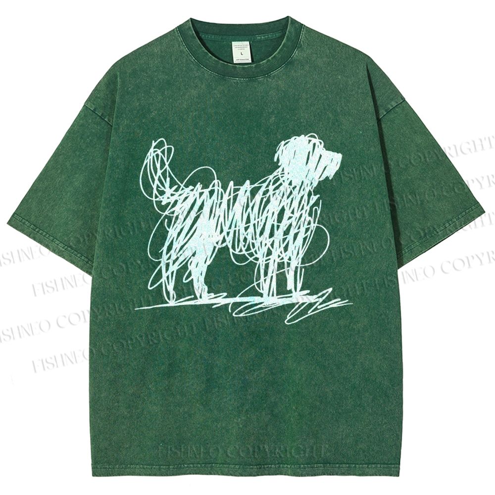 Unisex Scribble Dog Art Funny Printed Washed Tee
