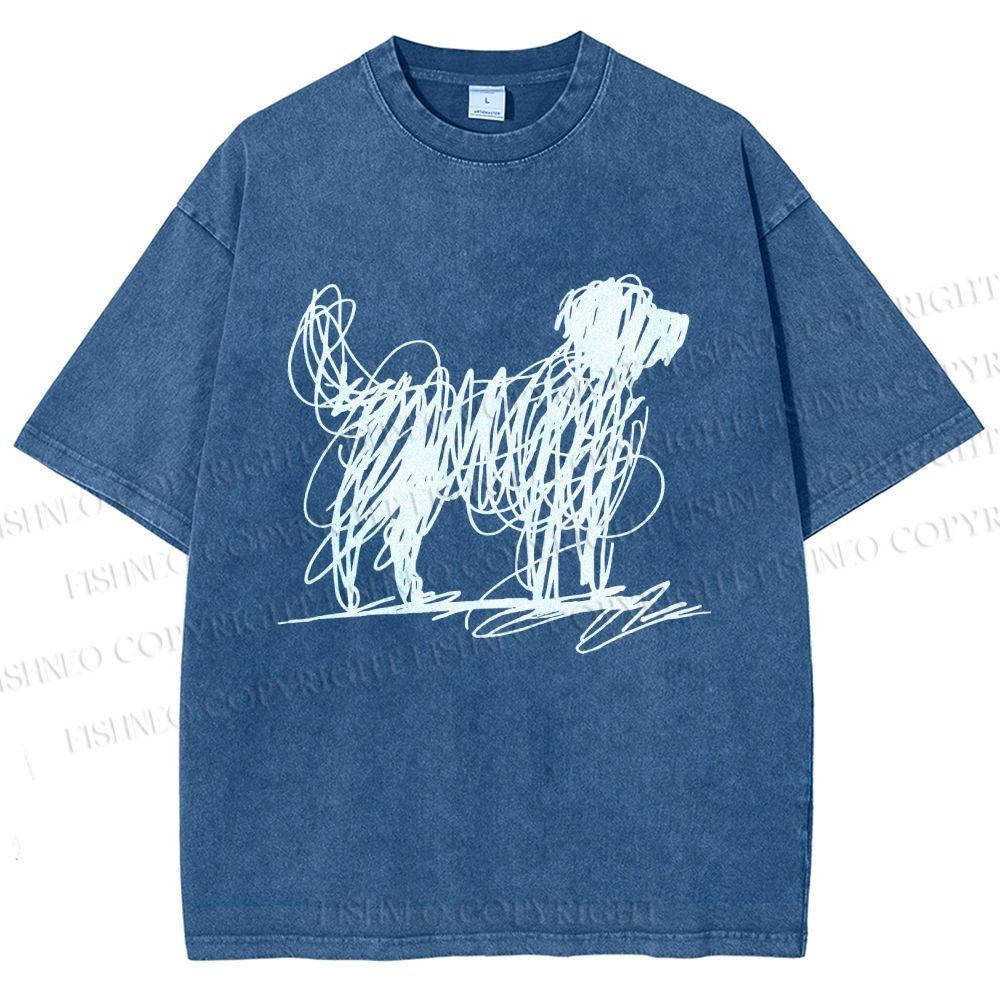 Unisex Scribble Dog Art Funny Printed Washed Tee