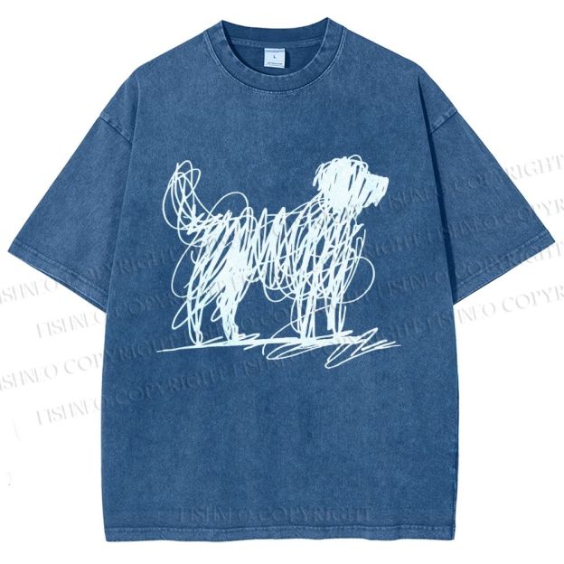 Unisex Scribble Dog Art Funny Printed Washed Tee
