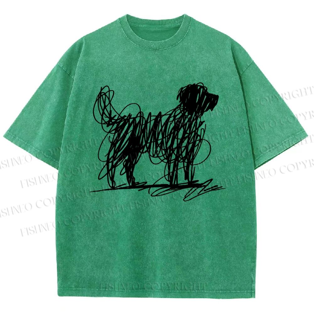 Unisex Scribble Dog Art Funny Printed Washed Tee