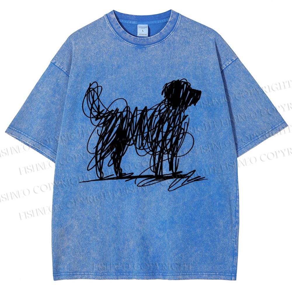 Unisex Scribble Dog Art Funny Printed Washed Tee