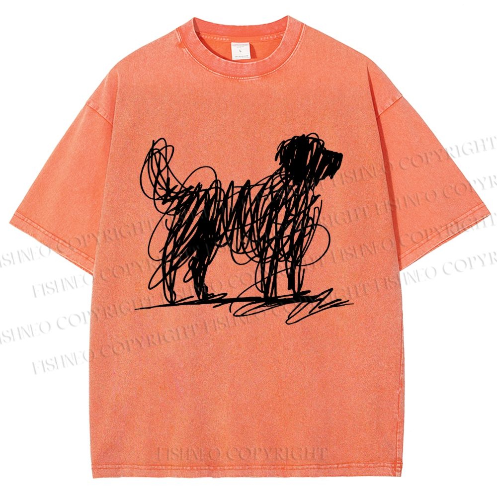 Unisex Scribble Dog Art Funny Printed Washed Tee