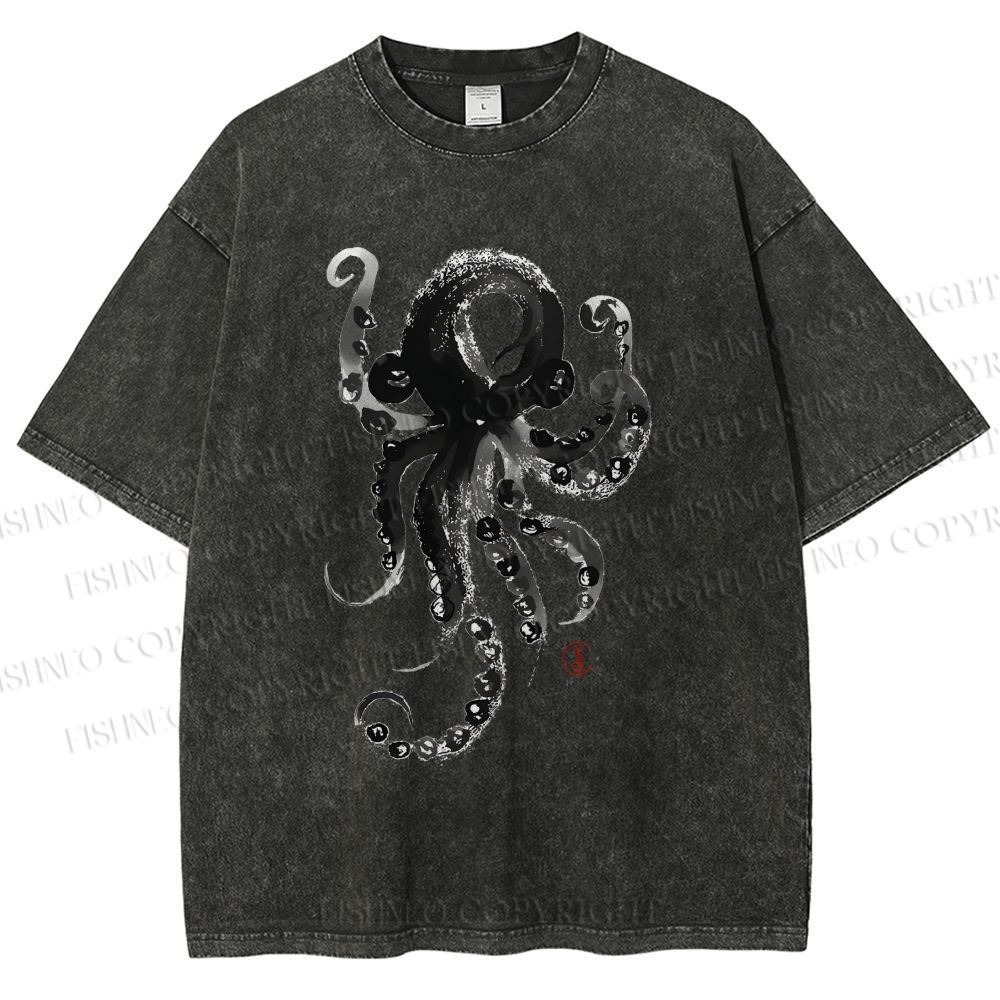 Unisex Ink Octopus Printed Washed Tee