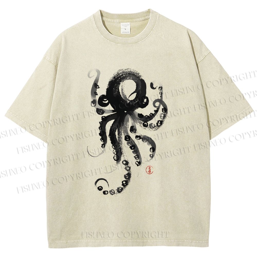 Unisex Ink Octopus Printed Washed Tee