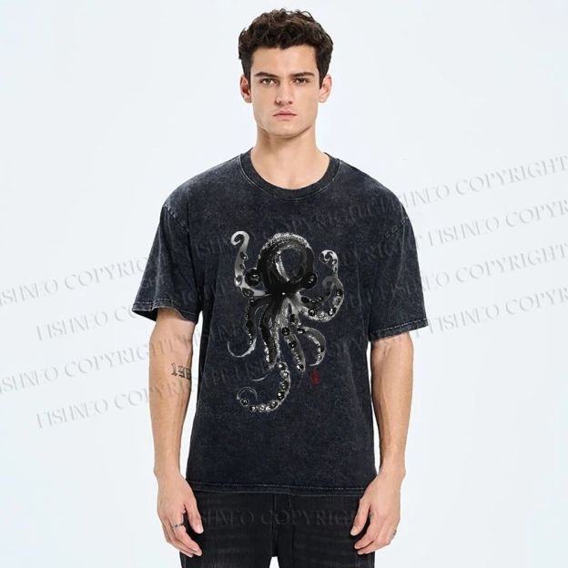Unisex Ink Octopus Printed Washed Tee