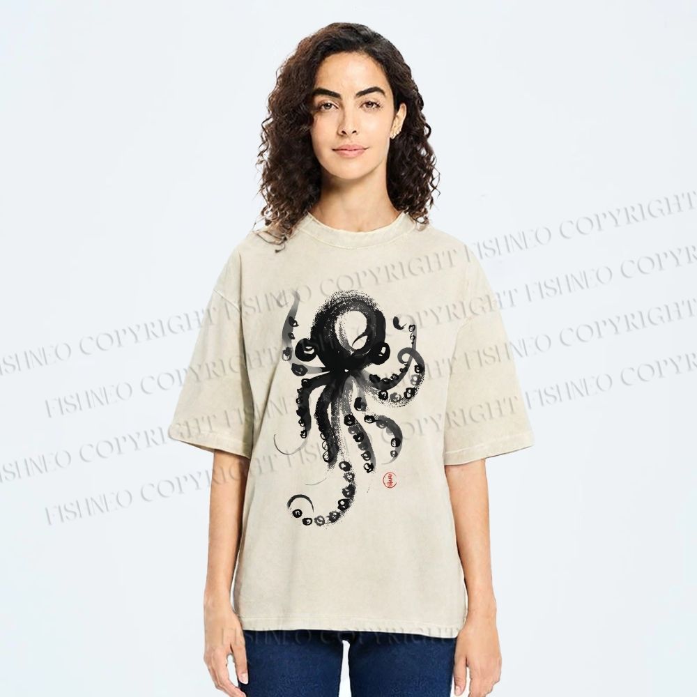 Unisex Ink Octopus Printed Washed Tee