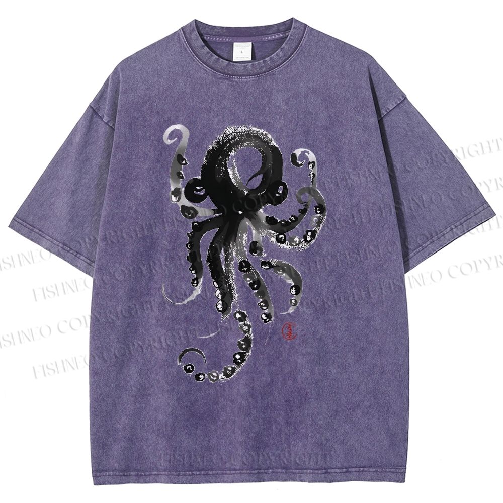Unisex Ink Octopus Printed Washed Tee