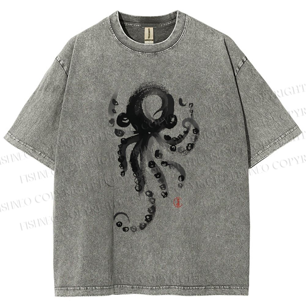 Unisex Ink Octopus Printed Washed Tee