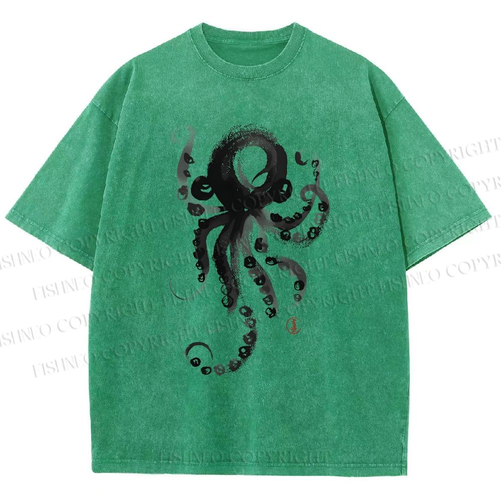 Unisex Ink Octopus Printed Washed Tee