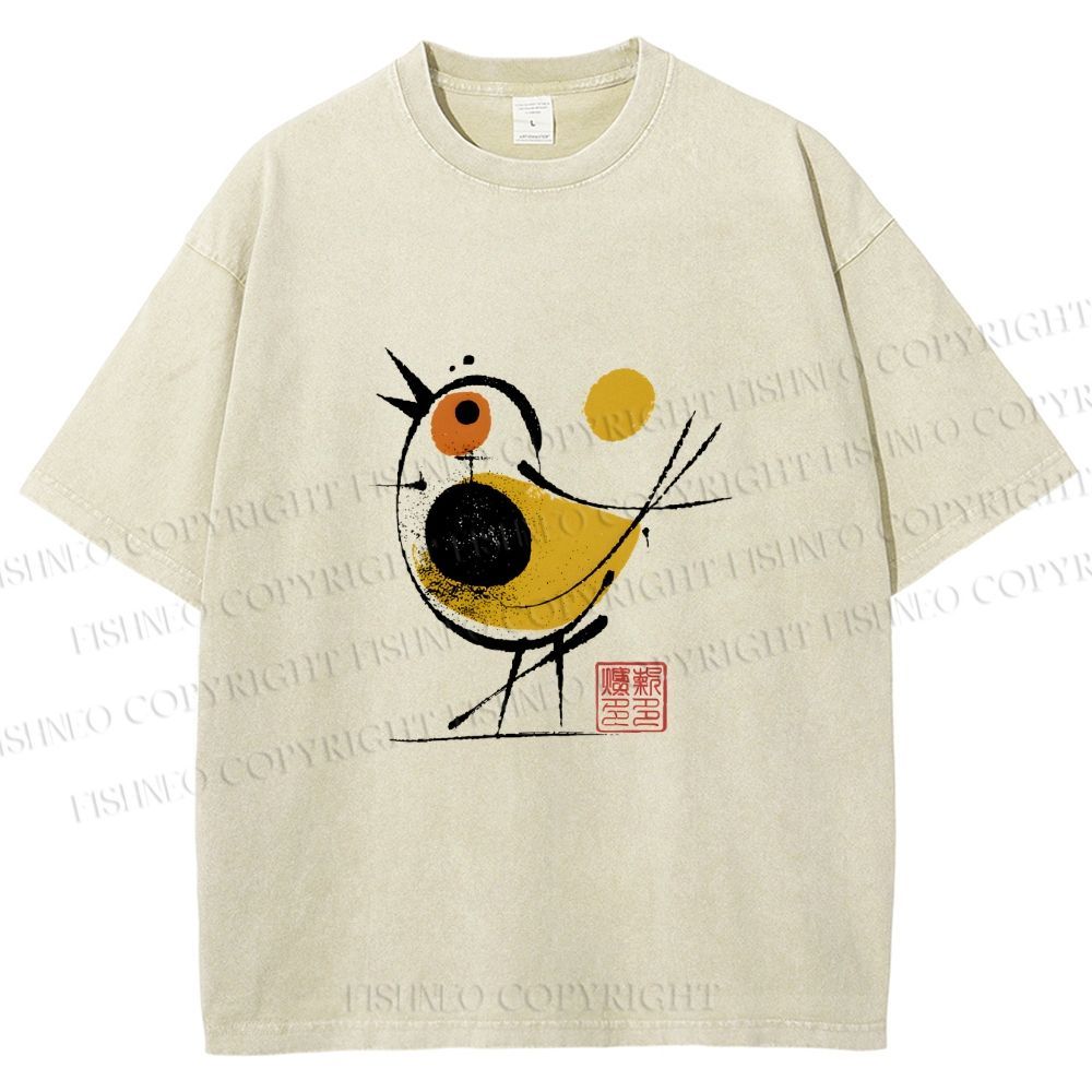 Unisex Abstract Bird Art Printed Washed Tee