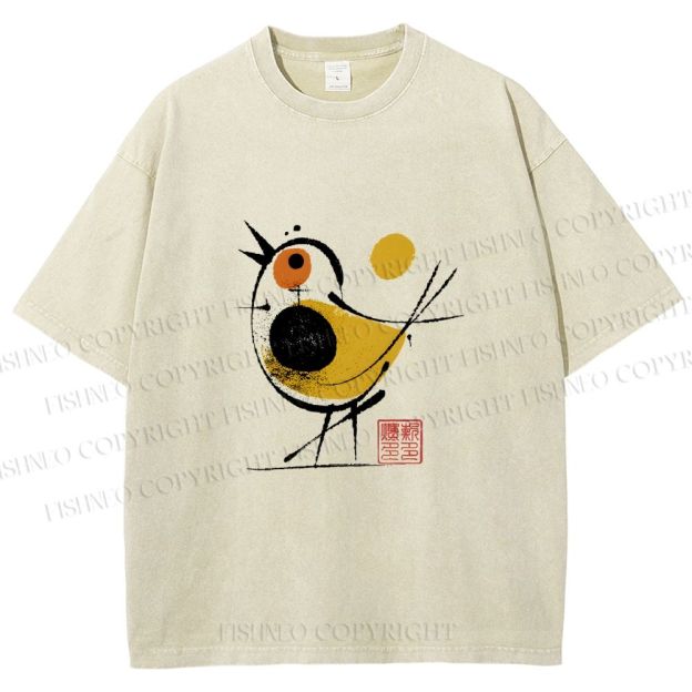 Unisex Abstract Bird Art  Printed Washed Tee