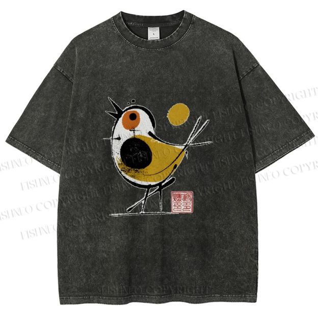 Unisex Abstract Bird Art  Printed Washed Tee