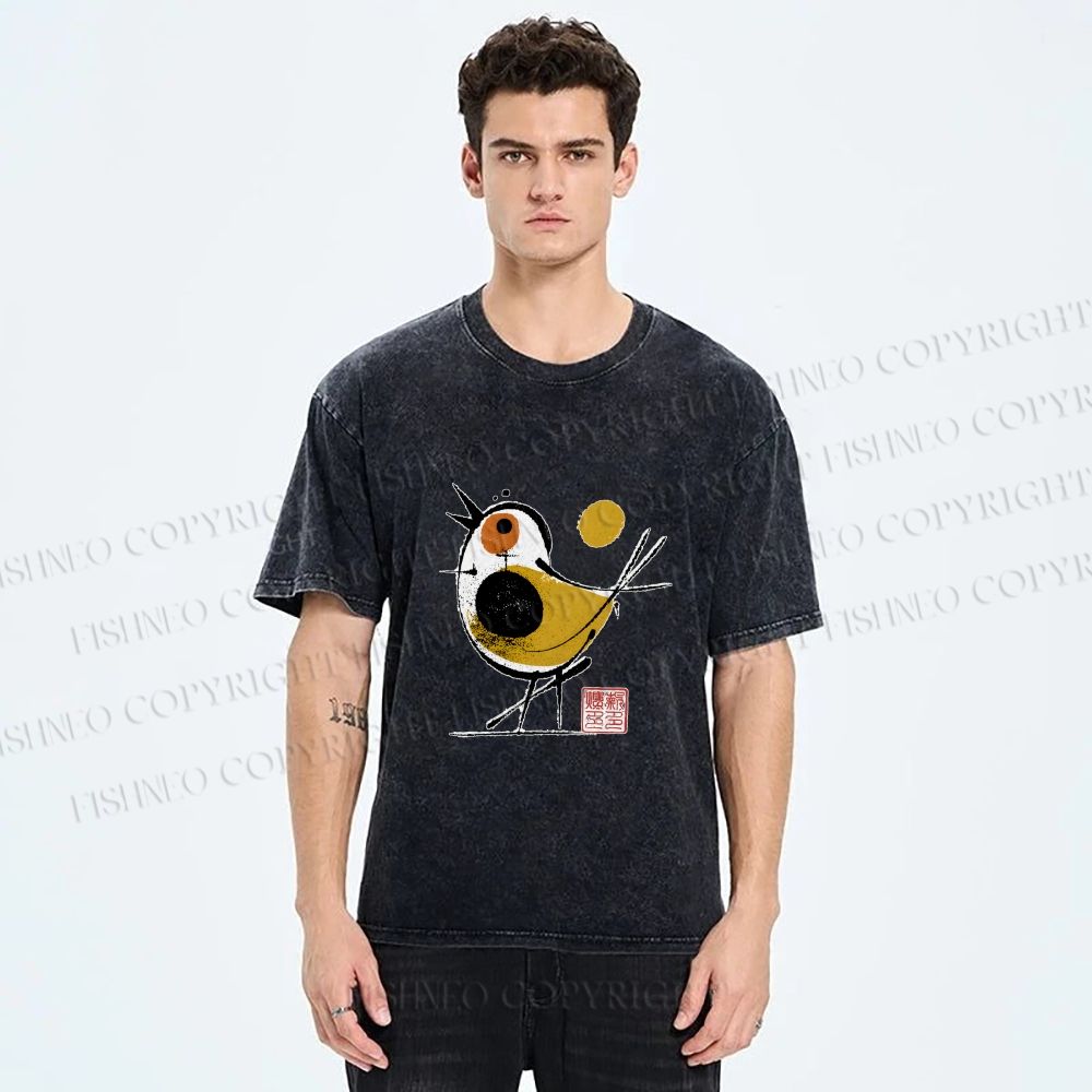 Unisex Abstract Bird Art  Printed Washed Tee