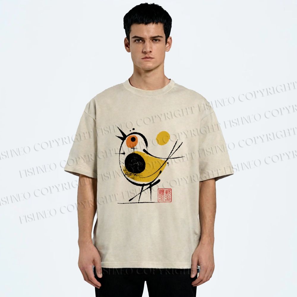 Unisex Abstract Bird Art  Printed Washed Tee