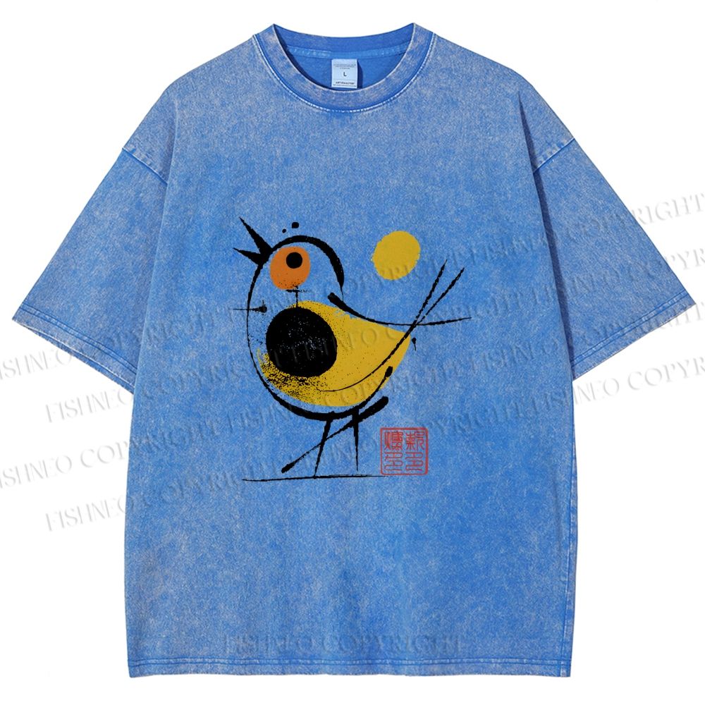 Unisex Abstract Bird Art  Printed Washed Tee