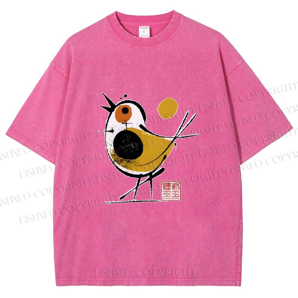 Unisex Abstract Bird Art  Printed Washed Tee