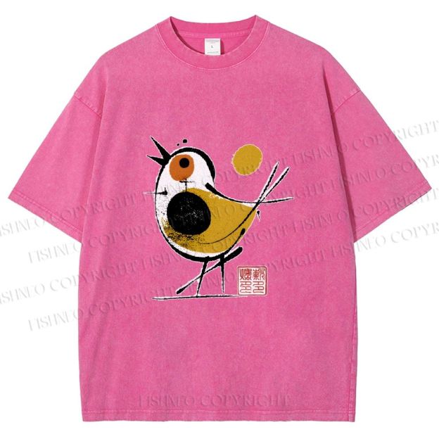 Unisex Abstract Bird Art  Printed Washed Tee