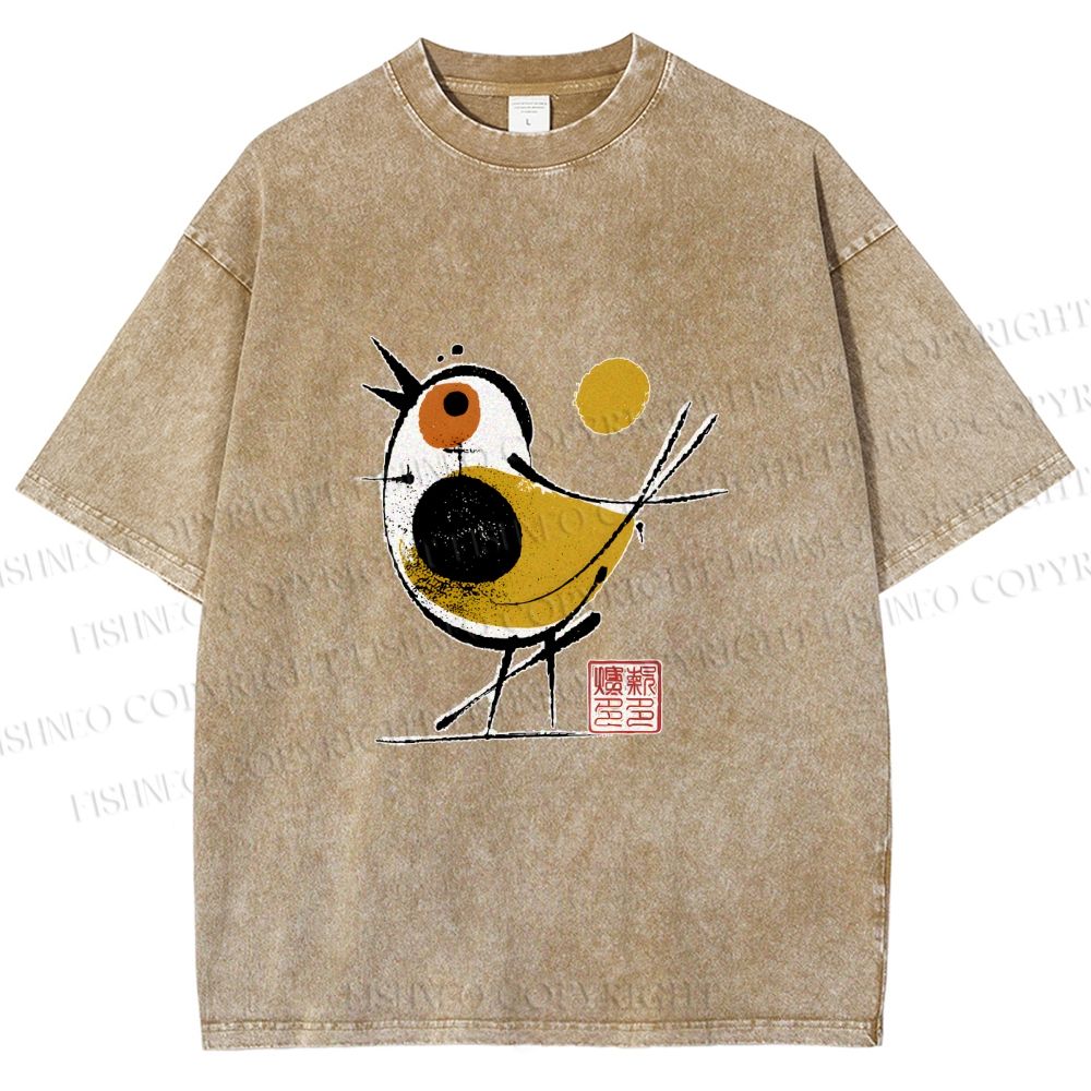 Unisex Abstract Bird Art  Printed Washed Tee