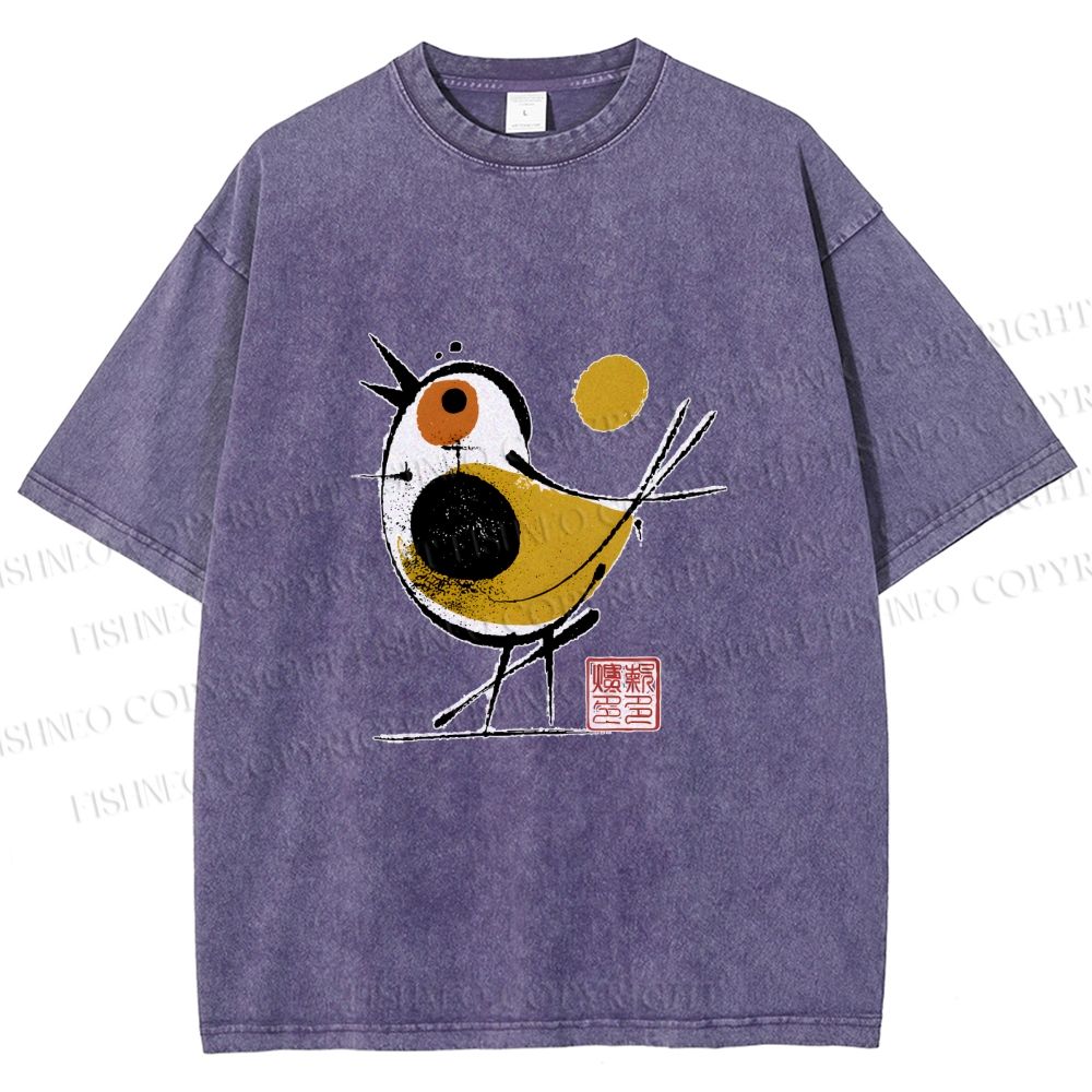 Unisex Abstract Bird Art  Printed Washed Tee