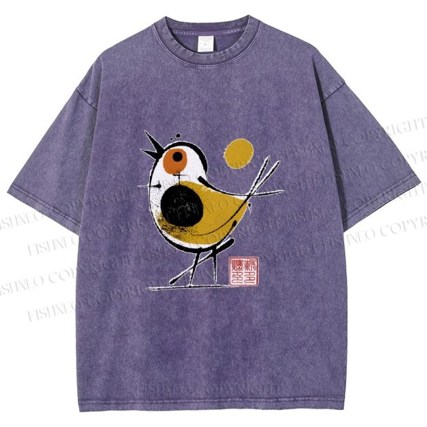 Unisex Abstract Bird Art  Printed Washed Tee