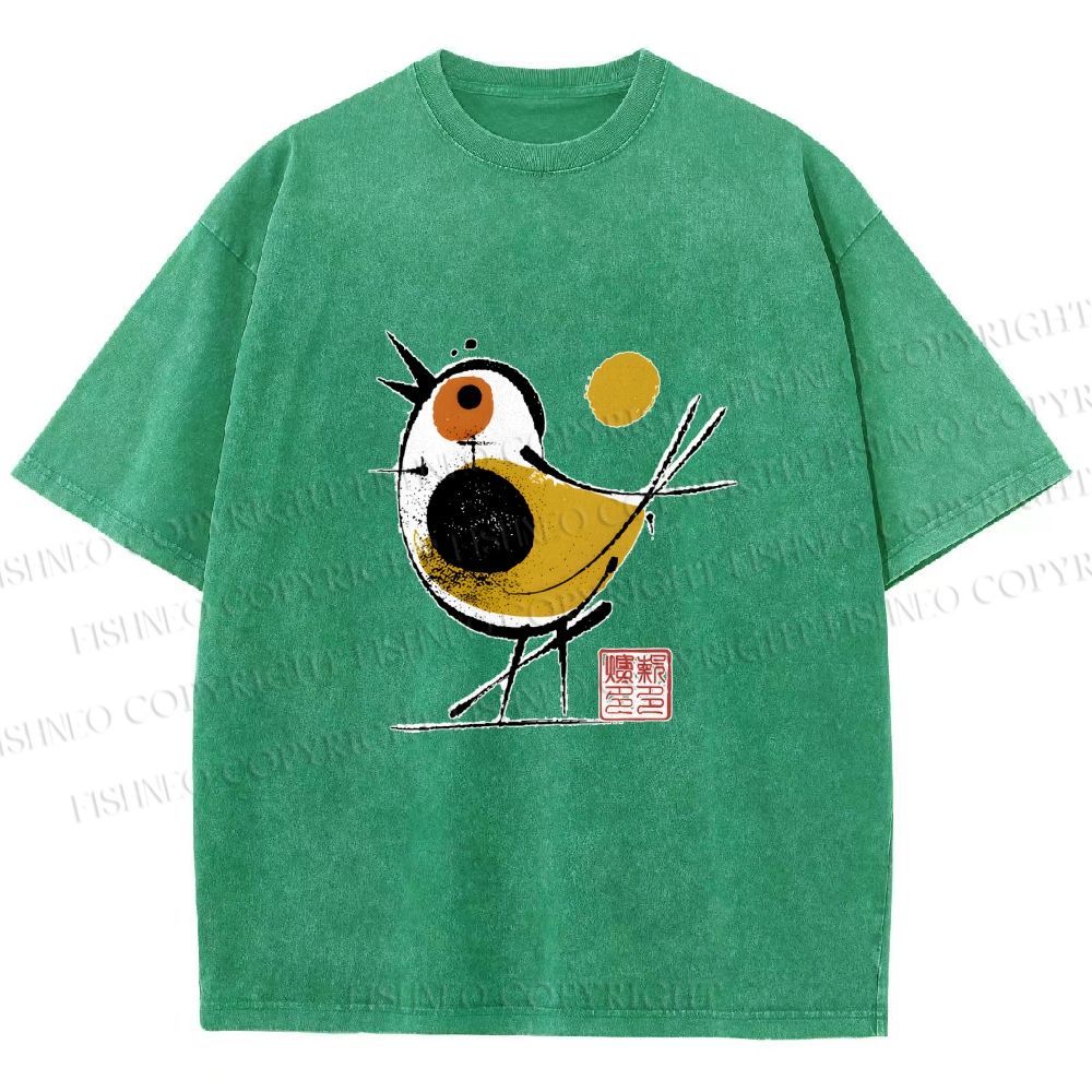 Unisex Abstract Bird Art  Printed Washed Tee