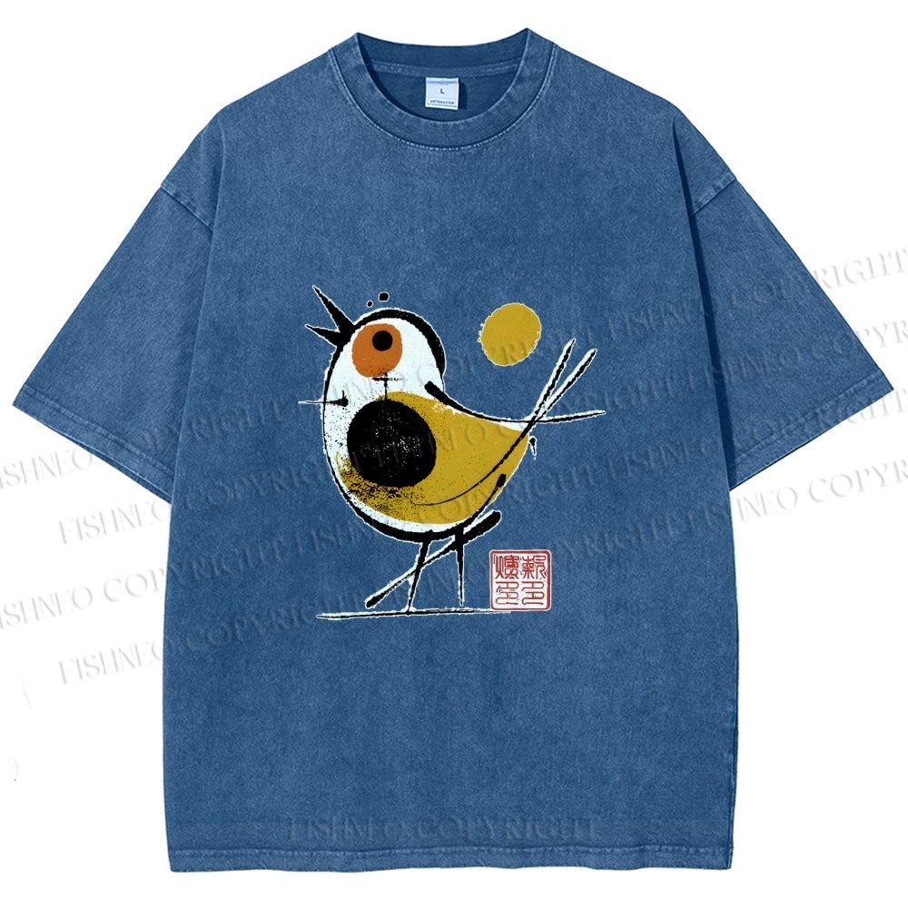 Unisex Abstract Bird Art  Printed Washed Tee