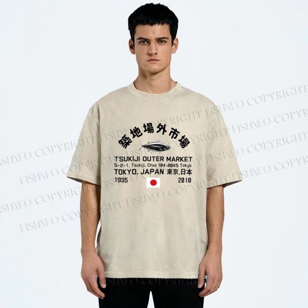 Unisex Tokyo Tsukiji Fish Market Printed Washed Tee