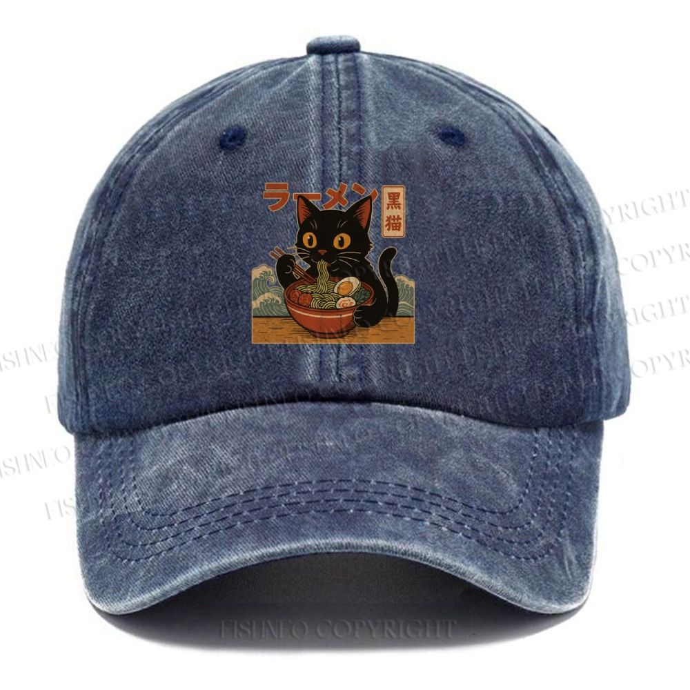 Unisex Cat Ramen Vintage Casual Washed Cap
