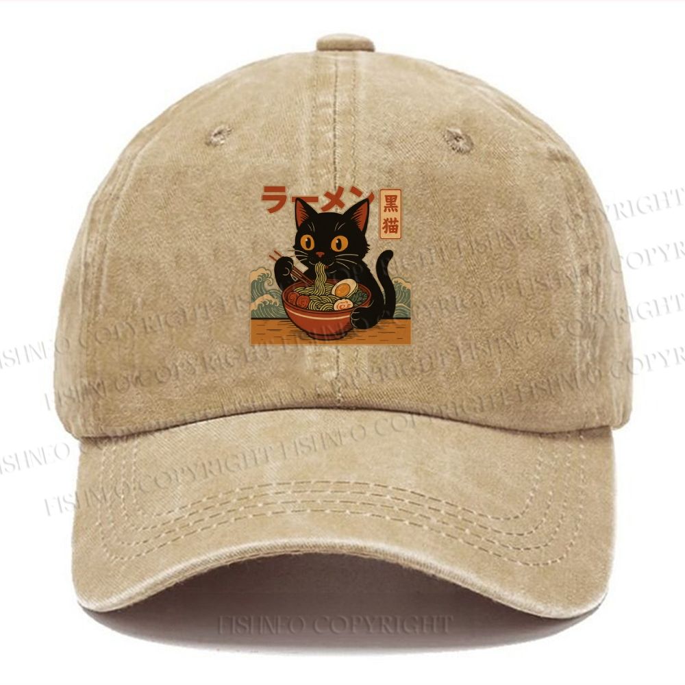 Unisex Cat Ramen Vintage Casual Washed Cap