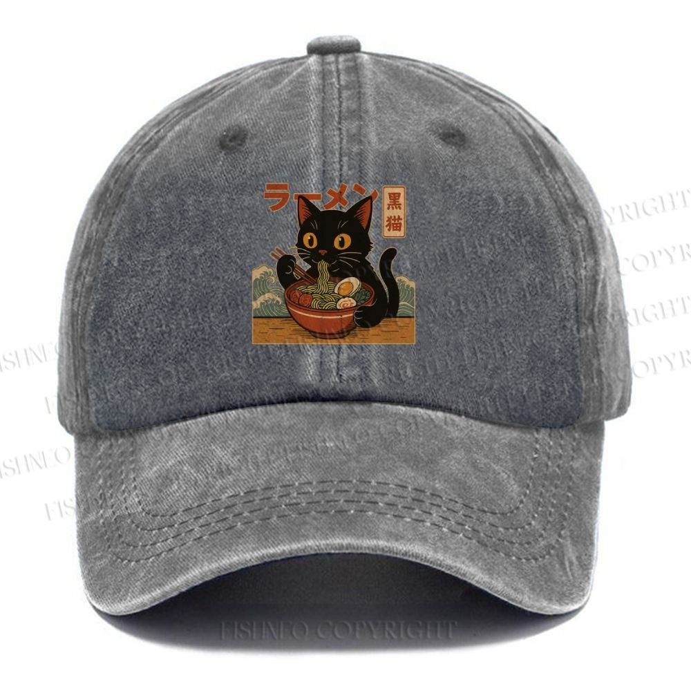 Unisex Cat Ramen Vintage Casual Washed Cap