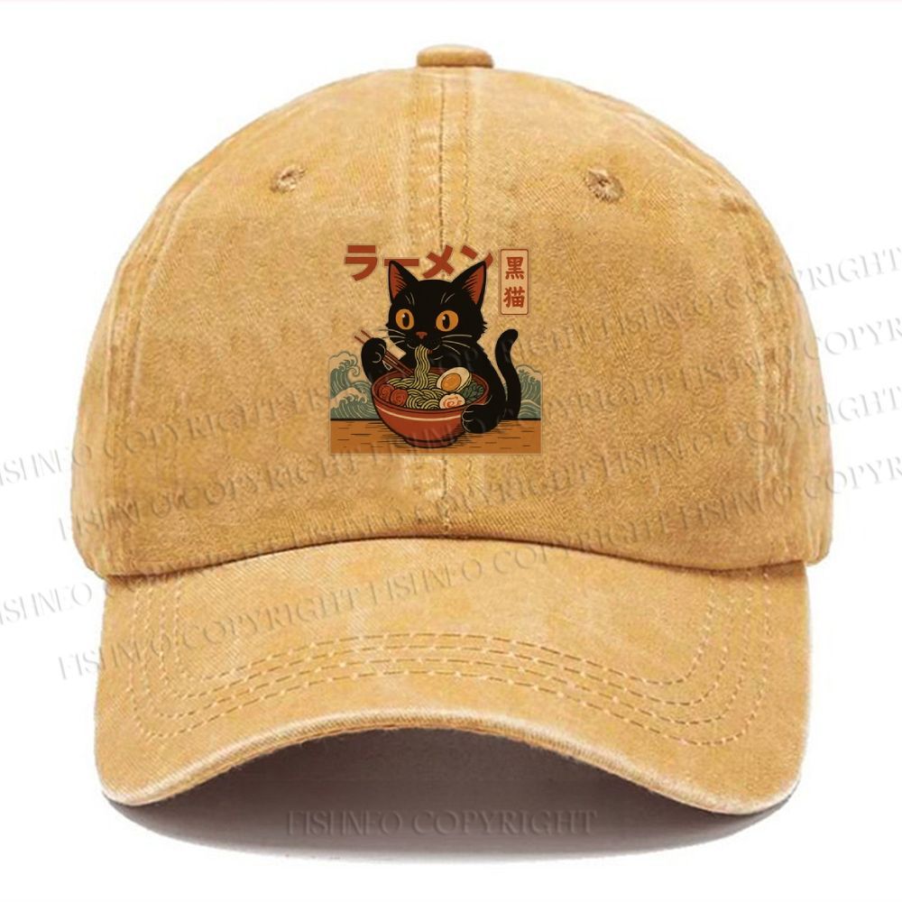 Unisex Cat Ramen Vintage Casual Washed Cap