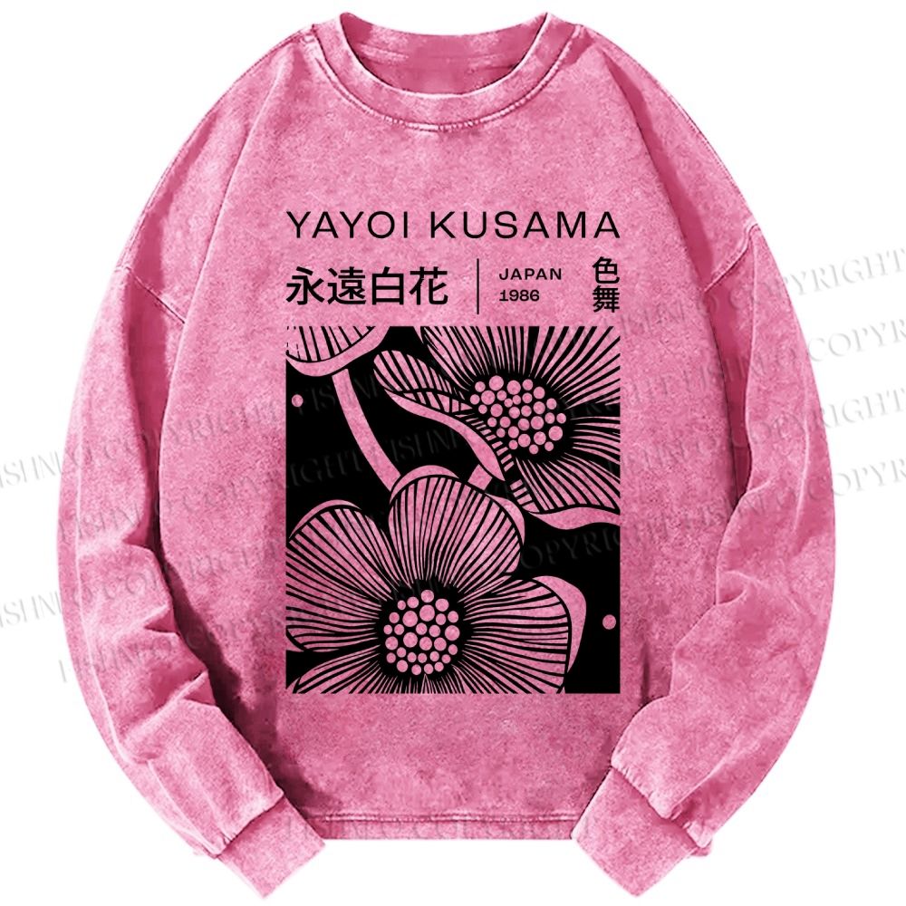 Unisex Casual Washed Yayoi Kusama Black Flower Printed Long Sleeve T-shirt