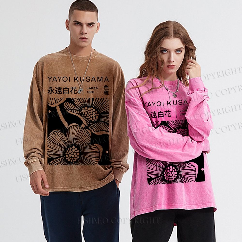 Unisex Casual Washed Yayoi Kusama Black Flower Printed Long Sleeve T-shirt